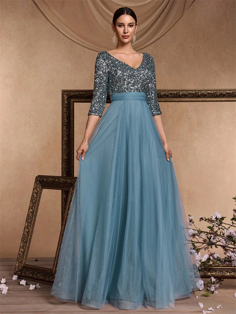 XUIBOL Elegantes Abendkleid mit V-Ausschnitt und langen Pailletten in Blau 2024, Damen-Meerjungfrau-formales Kleid mit langen Ärmeln, Hochzeit, Party, Maxi-Abschlussballkleid