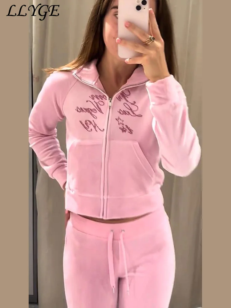 Conjuntos de pantalones y chaqueta de terciopelo con lentejuelas a la moda, abrigos con bolsillos y cremallera de solapa, pantalones acampanados con cordones, chándal liso para mujer de Otoño e Invierno 2025