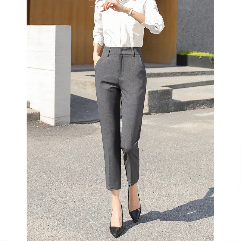 Gray Trousers Women's 2021 Autumn New Cropped High Waist Slimming Suit Pant Korean Version for Commuter Temperament Cigarette Pa