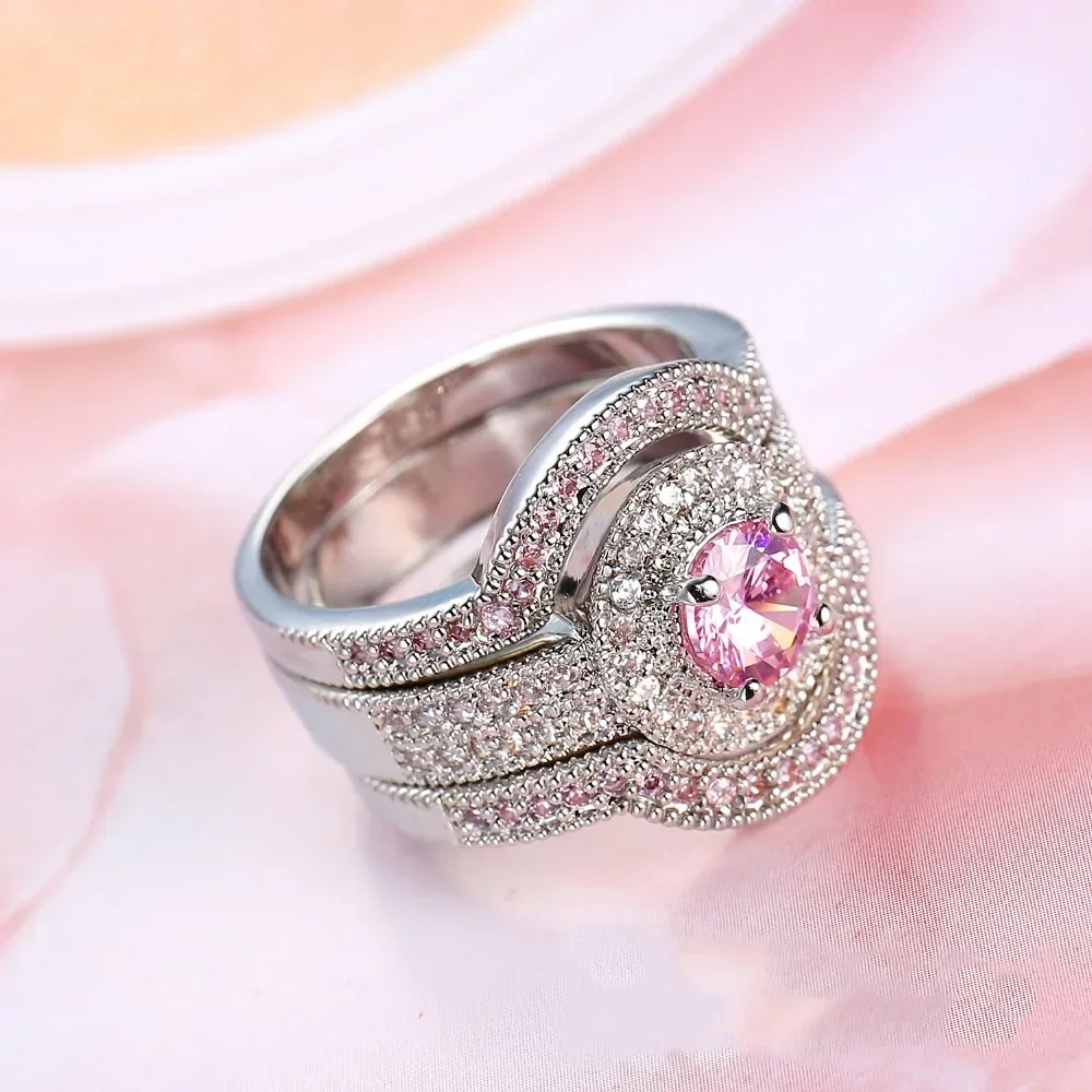 

3pcs Round Shape Ring Sets Princess Cut CZ For Women Pave AAA Pink Zircon Stone Wedding 925 Sterling Silver Jewelry Plata