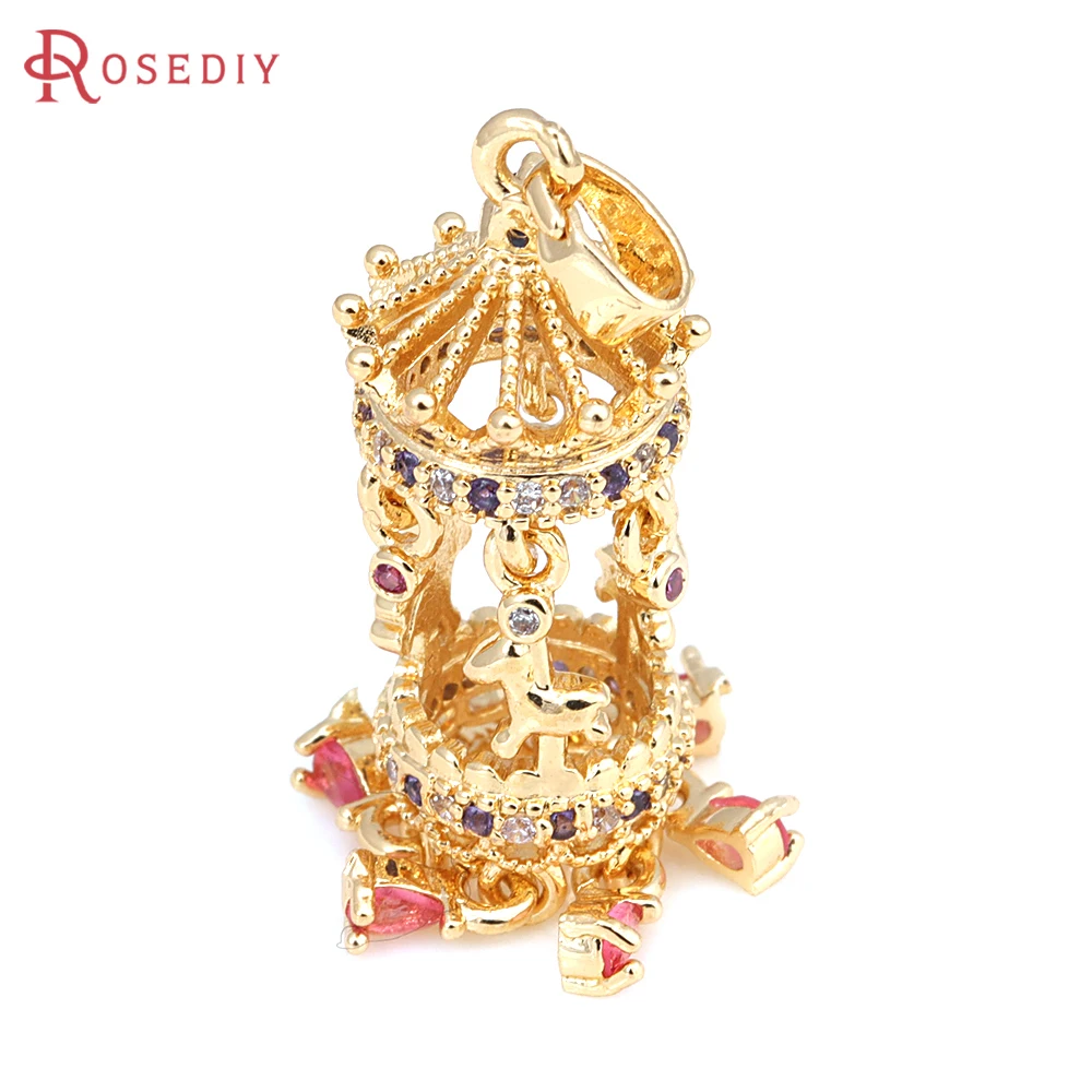 2PCS 18K Gold Color Brass and Zircon Carousel Pendants High Quality Diy Jewelry Making Supplies Necklace Accessories for Women