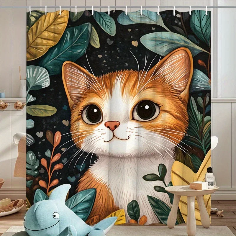 ~O~Tropical Kitten Shower Curtain - Orange & White Kitten, Large Eyes Design,Playful Jungle Leaves,Polyester,Stylish Bathroom De