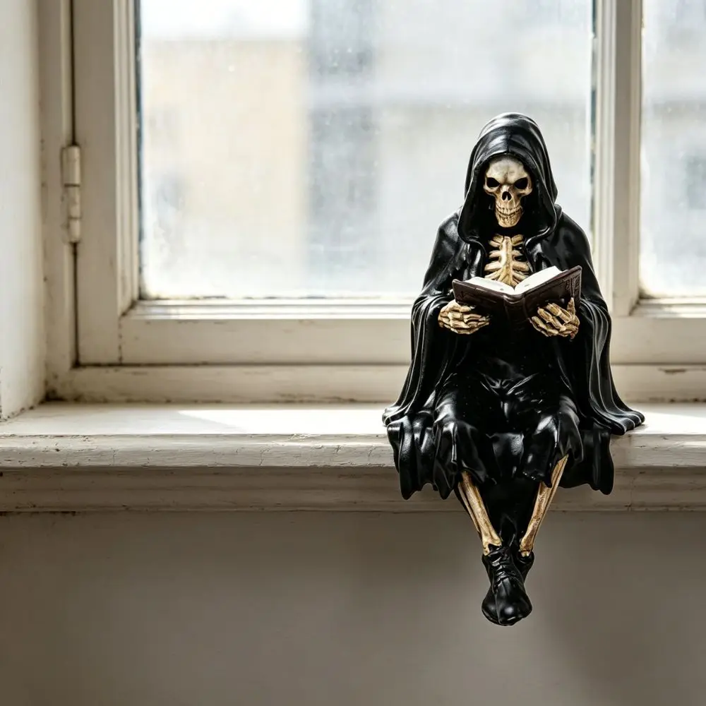 1 Piece of Black Cloak Reading Skeleton Resin Ornament, Vintage Gothic Reading Grim Reaper, Dark Decor for Study Desk, Halloween Desktop Bookshelf Decoration Craft