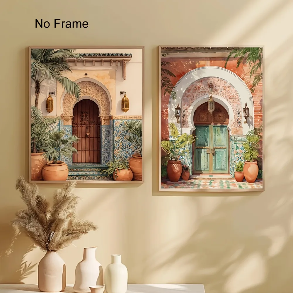 2pcs Frameless,Islamic Architecture Home,Bohemian Oriental Arched Doorway Poster,Retro Islamic Landscape Art Wall Decoration