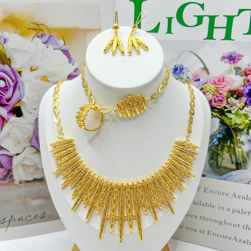

Gold Color Jewelry Earring Bangles Ring Fashion Cuff Bangles African Bracelets with Rings Dubai Set Party Wedding Gifts Necklace