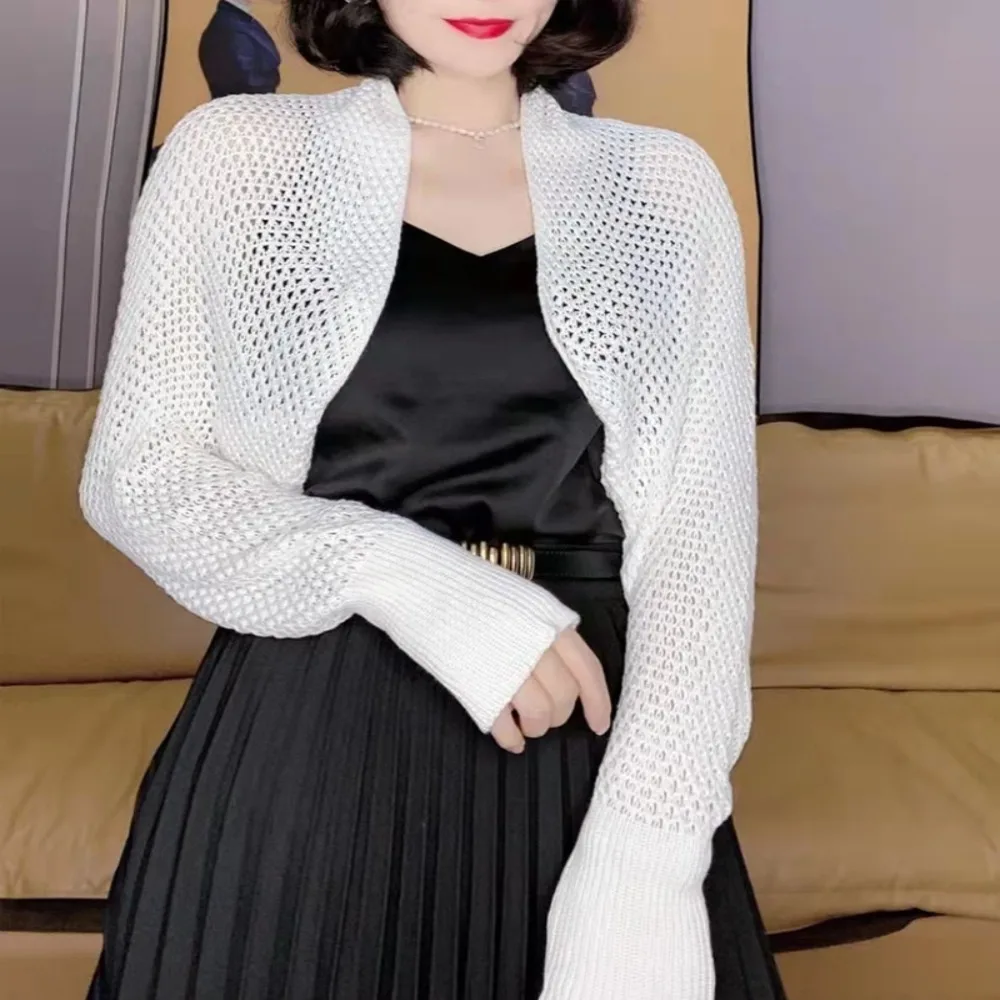 Trend Hollow Ice Silk Shawl Luxury Elegant Sunscreen Crop Knit Cardigan Simple Thin Outerwear Coat