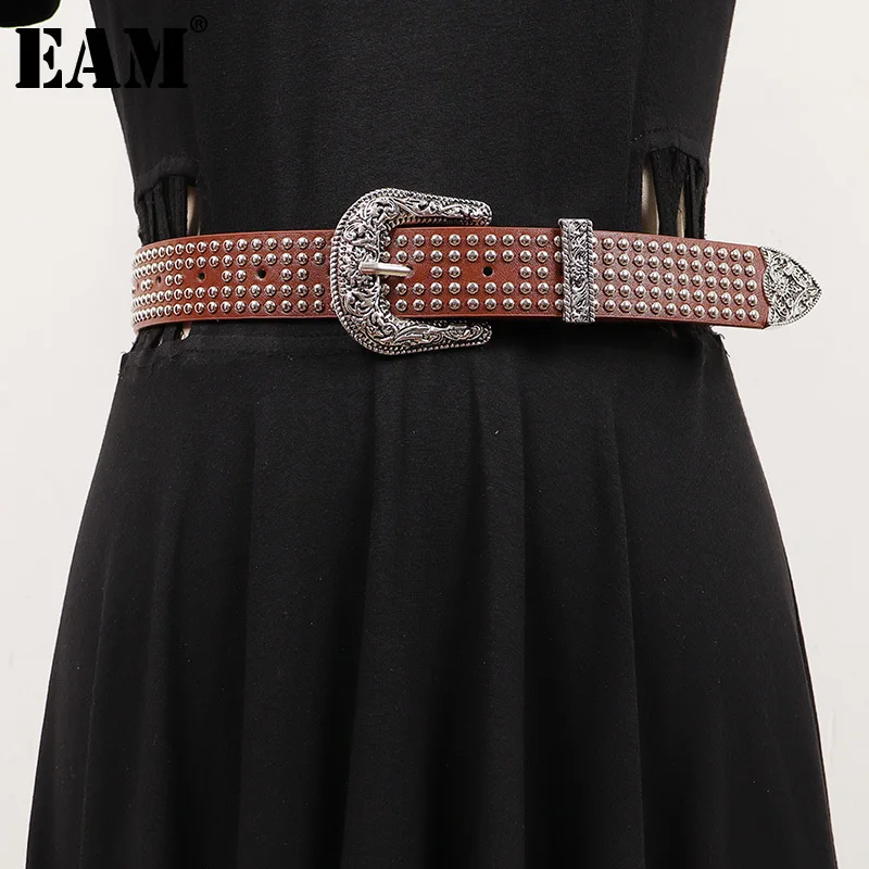 

[EAM] Pu Leather Camel Rivet Vintage Long Wide Belt Personality Women New Fashion Tide All-match Spring Autumn 2024 1DH7494