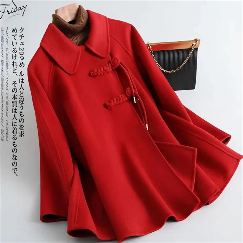 Female Medium Long Styles Cloak Woolen Coat Women Autumn Winter Women Casual Loose Retro Wool Blend Windbreaker Cloak Jacket