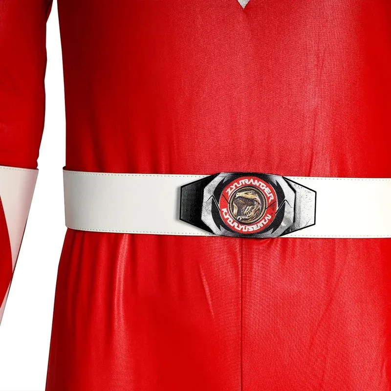 qq34Red Adult Man Cosplay Morpher Mighty Prince Geki Rangers Costume Battle Armor Jumpsuit Red Tyranno Soldier O view 5