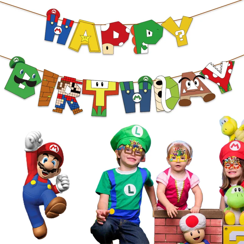 Super Mario Happy Birthday Party Decoration Banner Cute Cartoon Anime Flag Birthday Party Decor Decorated Scene Bunting Supplies