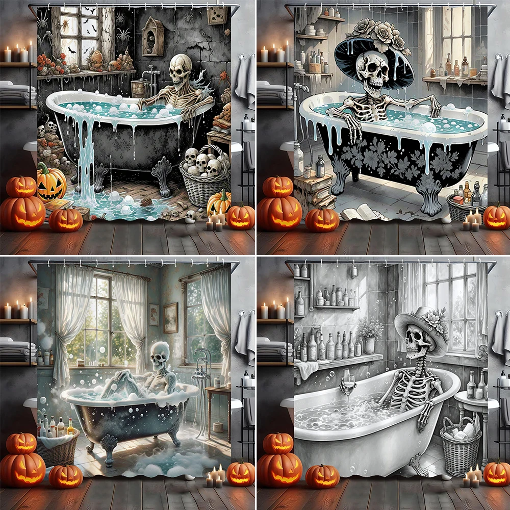 Amusing and Creative Skeleton Skull Shower Curtain Waterproof Bathroom Curtain Funny Scary Halloween home Decorative Curtain