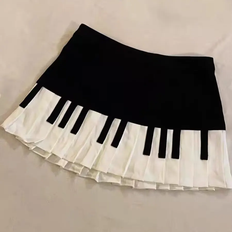

Black White Spliced Women Short Skirt 2025 Y2k Slim Design Harajuku Chic Piano Skirt Retro Pleated Midi Skirt Vestido Kawaii