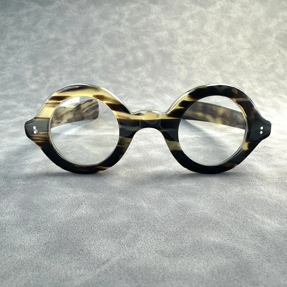 Man Glasses Frames Thick Optical Lenses Eyeglasses Handmade Natural Horn Retro Vintage Small Round  Eyeglass FramesWide Temple