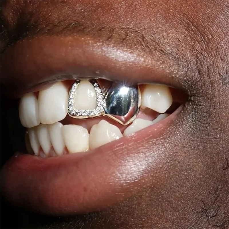 Custom Double Tooth & Double Single Hip-hop Caps Grillz Lab Grown Diamond UNISEX With Iced Out Diamond Window 925 Silver