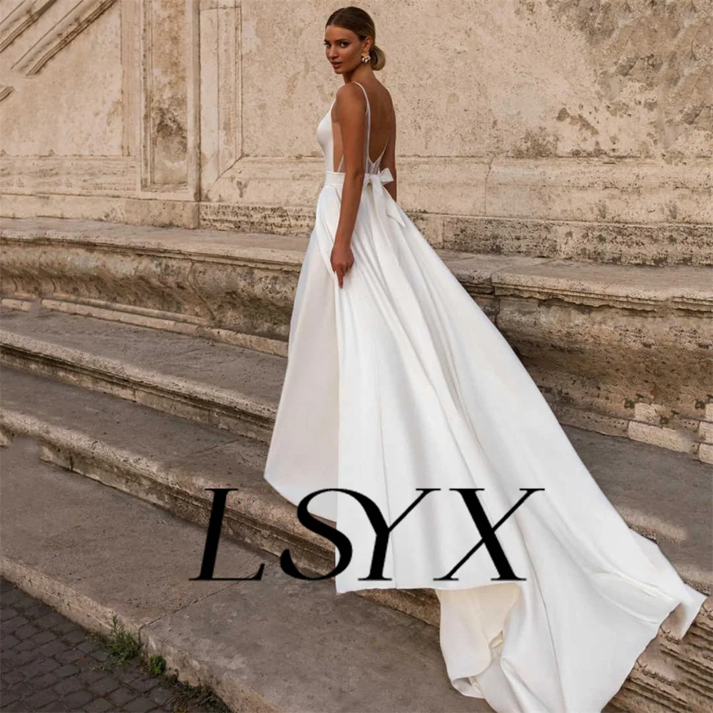 LSYX abito da sposa in raso con scollo a V e fiocco senza maniche semplice per le donne a-line Illusion Back Floor lunghezza abito da sposa su misura