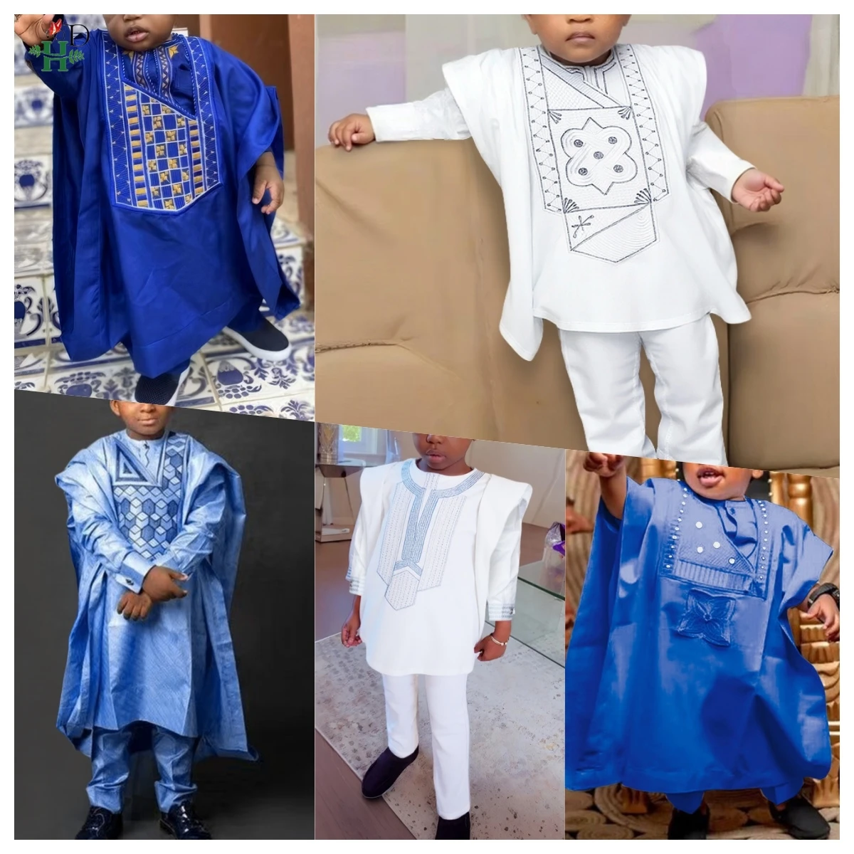 

2025 New African Traditional Clothes For Kids Boy White Blue 3 PCS Set Long Sleeve Tops Embroidery Dashiki Robe Shirt Pant Child