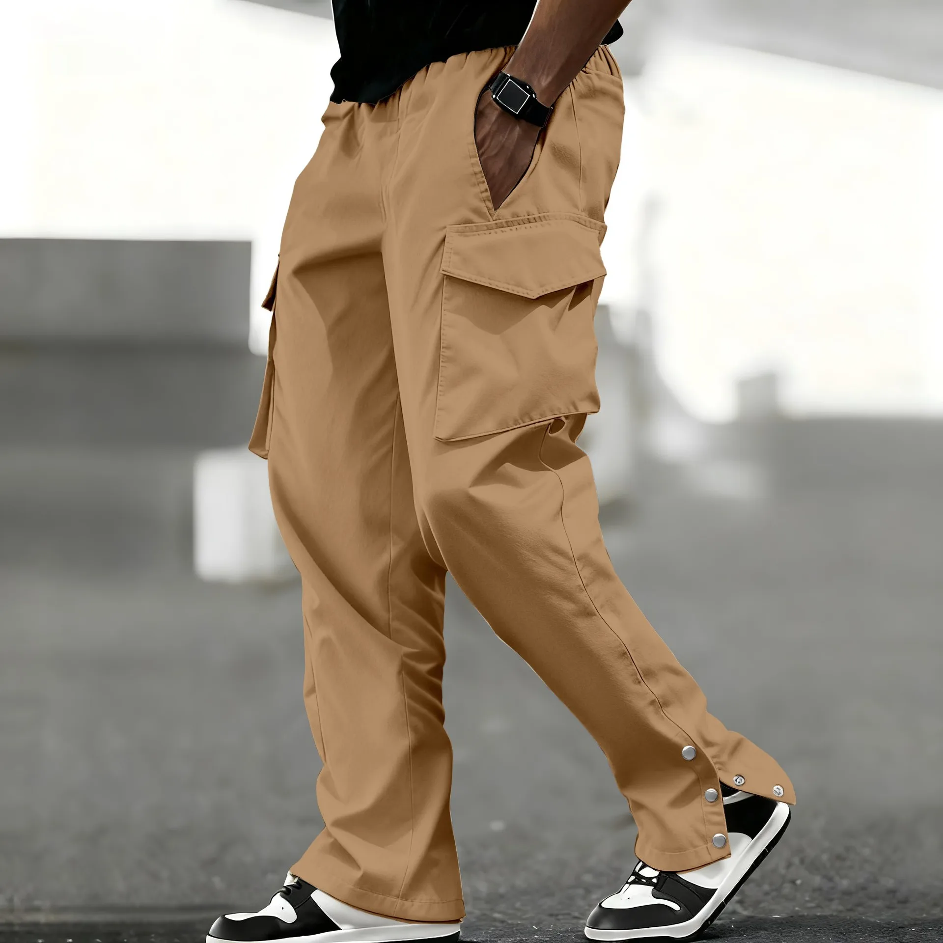 Men's loose multi-pocket work pants, casual lace-up elastic waistband, leg opening adjustable sports-style waterproof pants