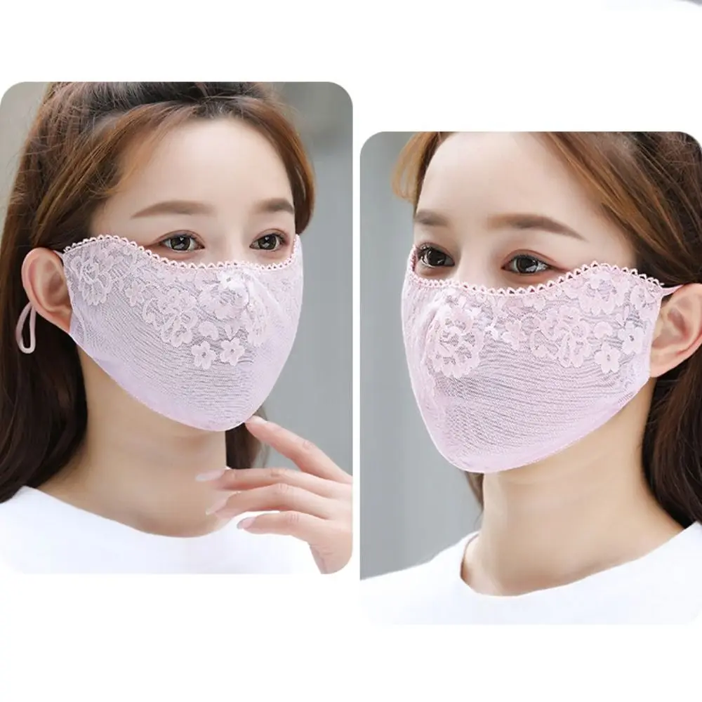Thin Solid Color Sunscreen Lace Mask Flower Sunshade Sunscreen Face Cover Adjustable Strap Hanging Ear UV Protection Mask Sports