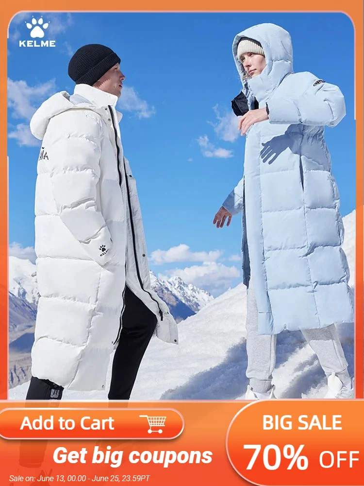 

Kelme Long Down Men Winter Jacket Hooded Warm Windproof Couple Camping Equipment Paragraph Down Coat Jacket Women Утепленный