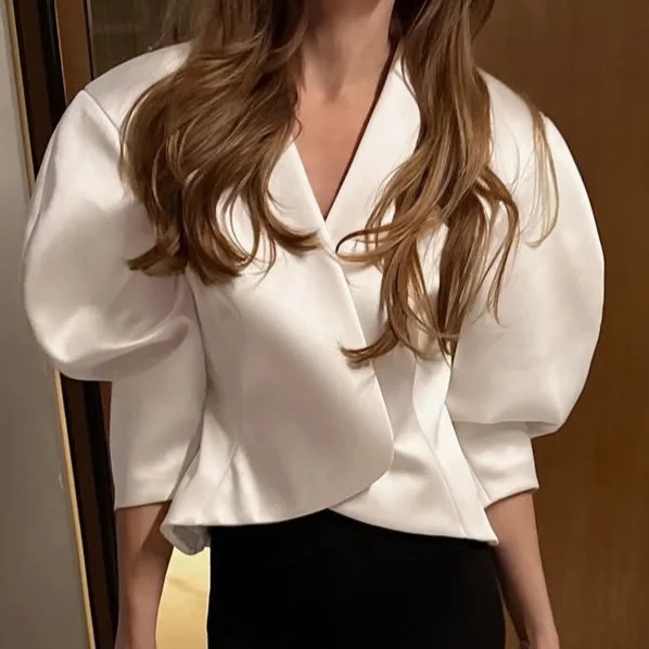 Women Elegant V Neck Loose Cropped Tops Fashion Satin Puff Sleeve Short Blazer Coat