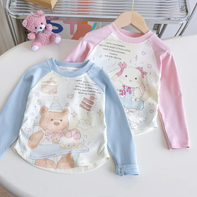 

Girls' Long Sleeve ClothingTT-shirt Pure Cotton2025Spring Fashionable Children's Blue Patchwork Cartoon Top Internet Celebrity S