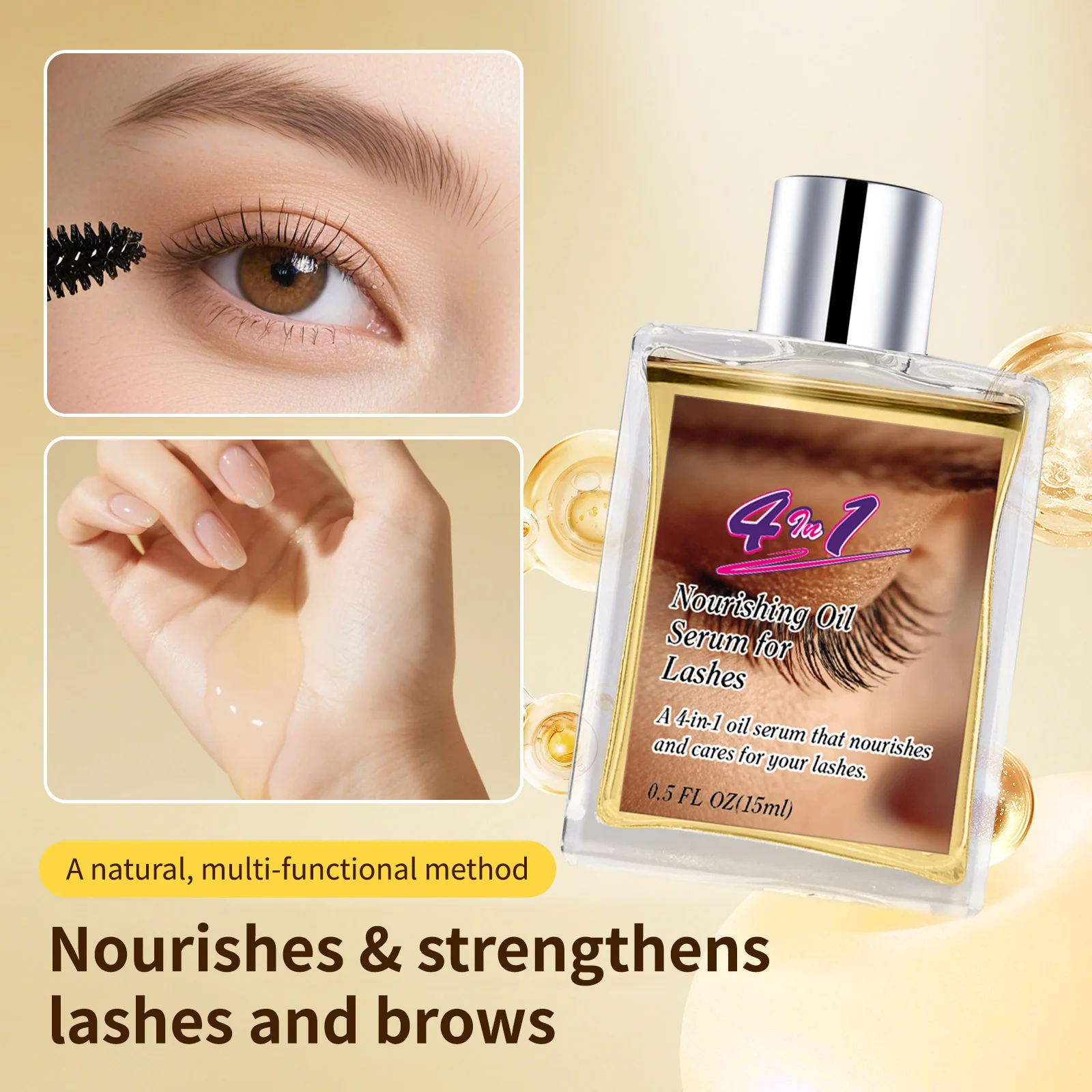 Siero olio per la crescita delle ciglia 4 in 1 15 ml - Ipoallergenico e oftalologo testato, nutriente naturale per ciglia per occhi sensibili