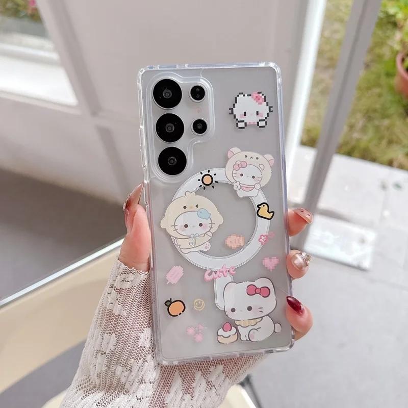 Cute Cartoon Graffiti Shopping Bag Hello Kitty Magnetic Phone Case for Samsung S26 S25 S24 S23 Ultra with Lanyard Shockproof