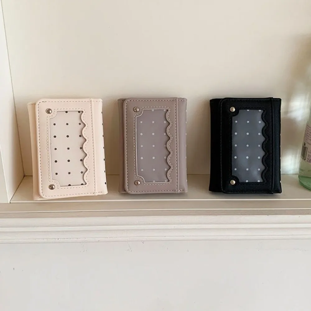 Pu Leather Multi Card Slots Wallet Snap Closure Compact Trifold Card Holder Clear Photo Window Portable Short Coin Purse