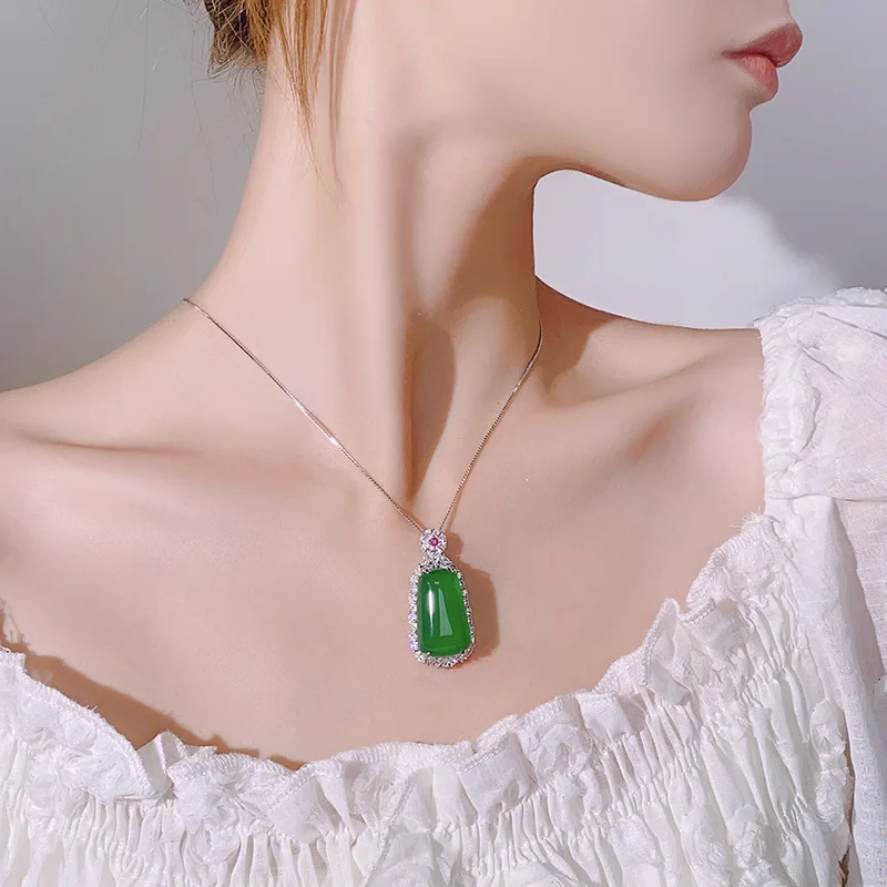 Silver Plated Vintage Pendant Necklace Rectangle Imitation Imperial Green Chalcedony Full Pave Zircon Women Luxury Jewelry