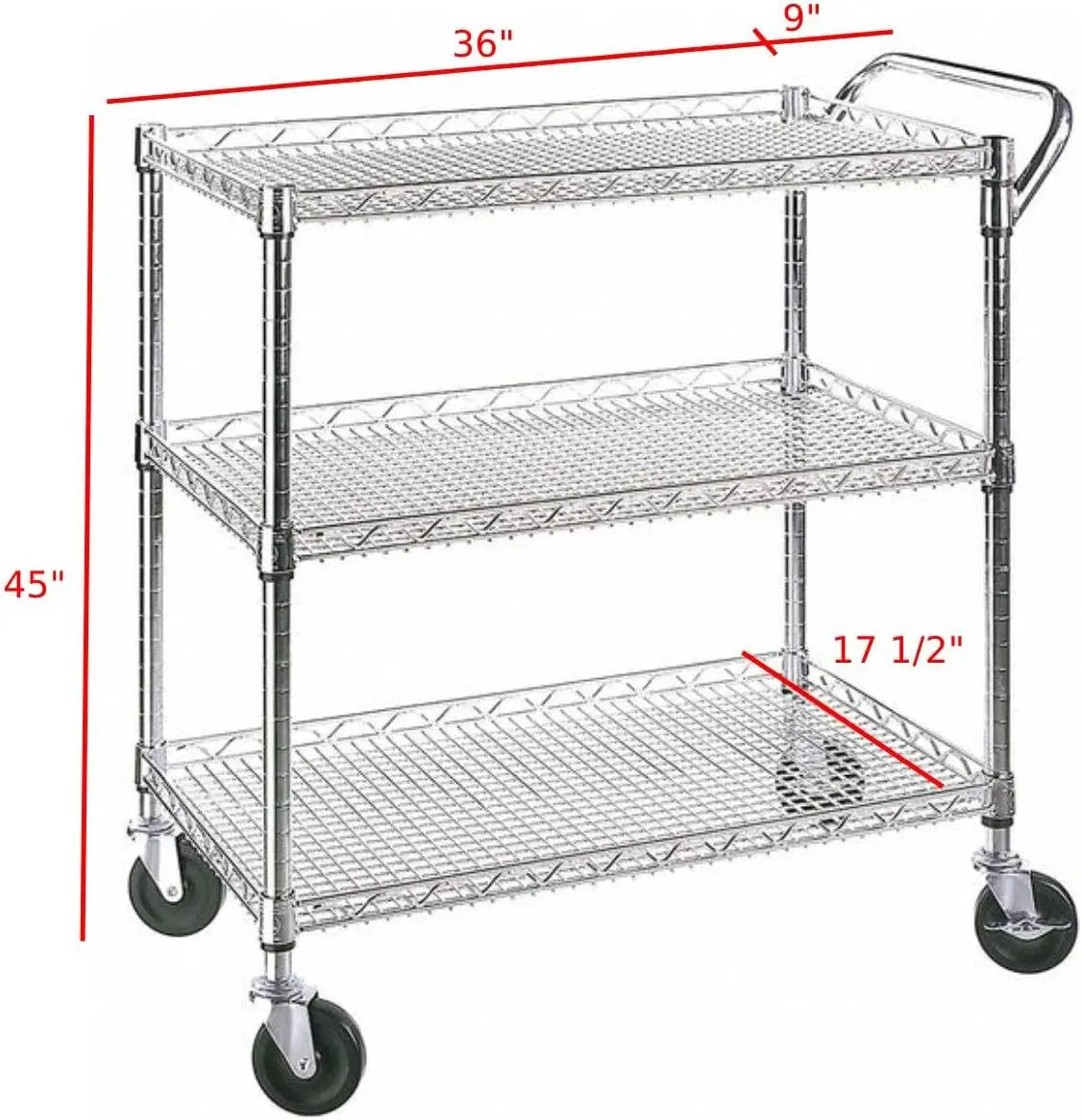 Heavy Duty Rolling Utility Kitchen Cart on Wheels, Chrome Serving Cart Commercial Grade with Wire Shelving and Handle Bar for Office School Church Kitchen Garage Hardware