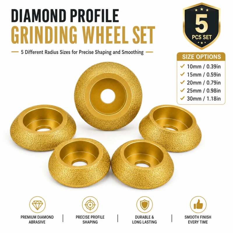 5-Piece brazed diamond wheel set for grooving, edge grinding, and chamfering on tile, marble, quartz, and stone. Parallel wheel