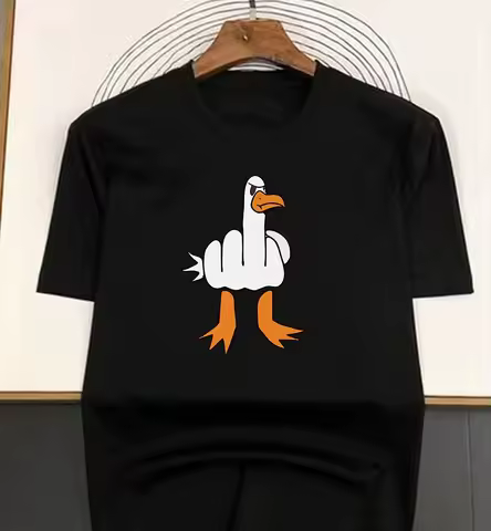 Unisex Funny Cool Goose Middle Finger Graphic T-Shirt Contrast Style Casual Tee For Men And Women