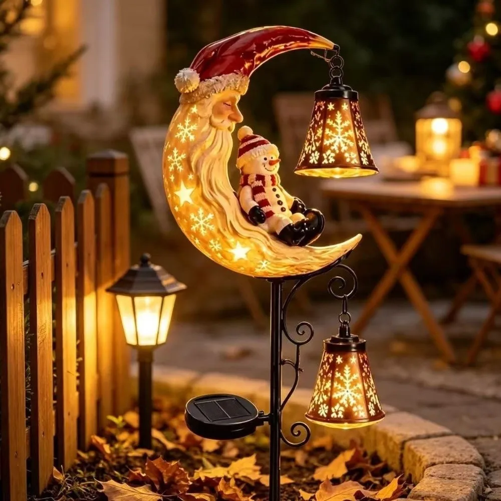 LED Glowing Christmas Moon Solar Stake Light with Bell Waterproof Xmas Garden Stake Lamp Solar Powered Iron Metal