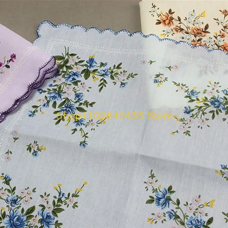 49MC 3 PCS Vintage Cotton Pocket Square Hankies Floral Print Cotton Handkerchiefs Hanky for Women Club Meeting