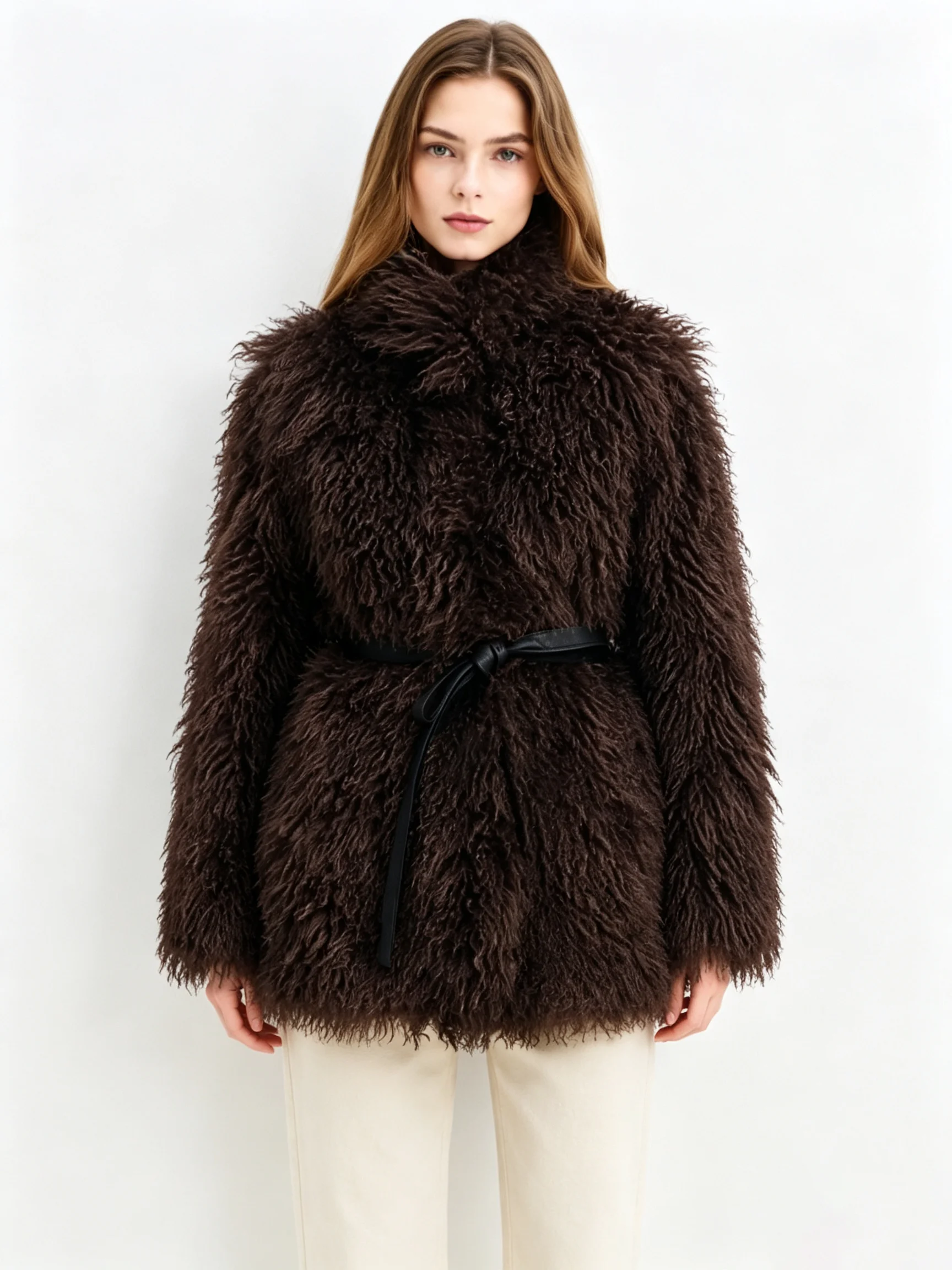 LIMO Women Stand Collar Curly Faux Fur Coat With Waist Belt Loose Long Sleeve Warm Mid Length Winter Jacket