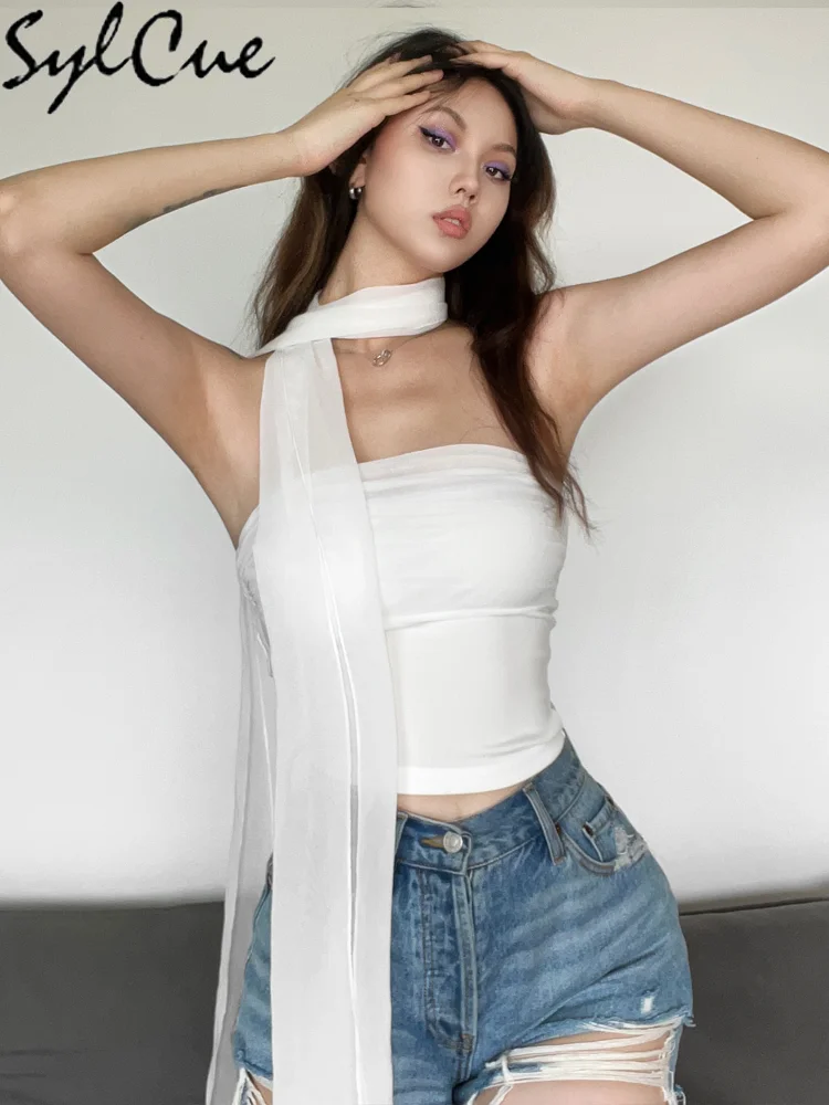 Sylcue White Pure and Clean Fashion Lightweight Sexy Personality Design Women High Street Eye-catching Cotton Yarn Tank Top