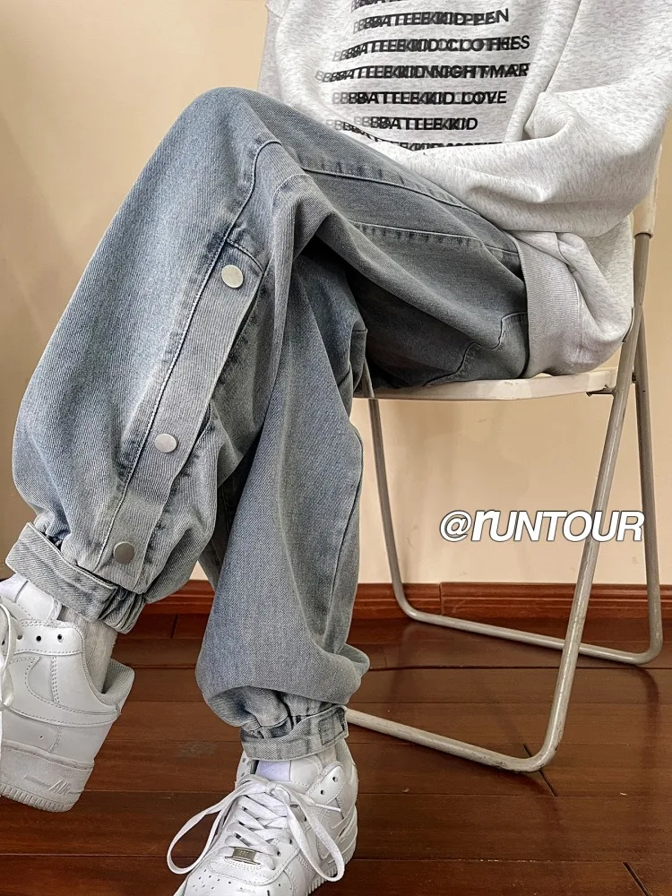 

Men's Spring Autumn Button down Denim Jeans American High Street Sle Trendy Brand Casual Pants Cuffed Wear Resistant