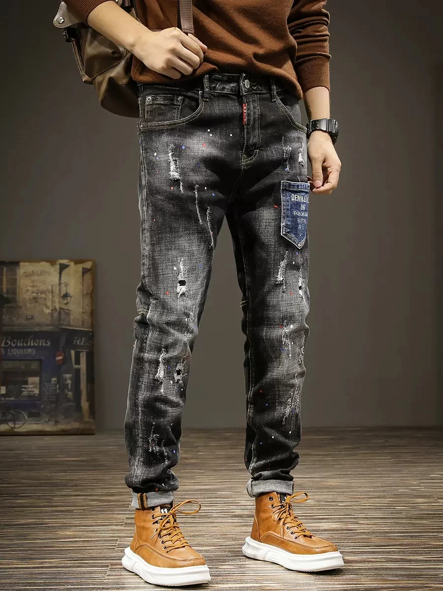 Street Fashion Men Jeans Retro Black Gray Stretch Slim Fit Painted Ripped Jeans Men Pocket Designer Hip Hop Vintage Denim Pants