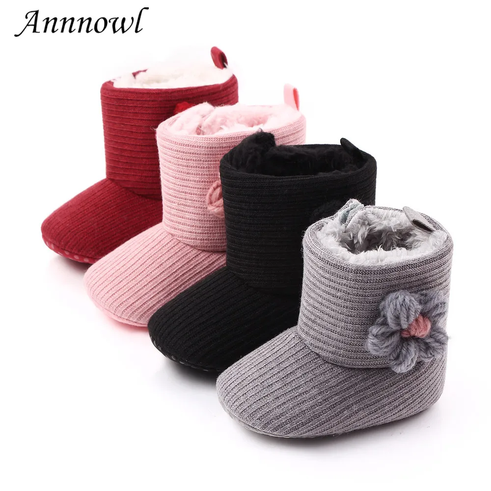 Baby Girls Snow Boots Knit Flower Faux Fleece Booties for Toddler Newborn infant Kids Wool Baby Winter Warm Shoes 0-18 Months