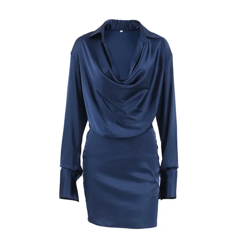 

Elegant French Blue Cowl Neck Long Sleeve Bodycon Dress Women’s Autumn Winter Satin Waist Dress Casual Office Dress For Women