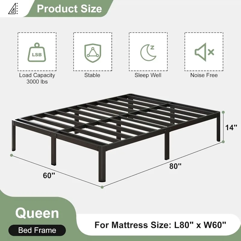 14 Inch Queen Bed Frame with Rounded Corner Legs, 2000 LBS Heavy Duty Metal Platform Bed Frame Queen Size with Steel Slats