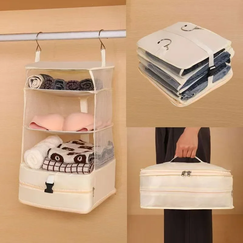 Hanging Travel Organizer With Shelves Foldable Suitcase Luggage Packing Cube With Mesh Compartments For Clothes Cosmetics