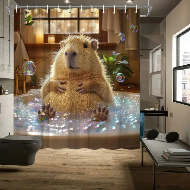 Shower Curtain Waterproof Shower Curtains 1pc Chubby Capybara Bathtub Shower Curtain - Hyper-Realistic CGI, Bubbles, Gentle