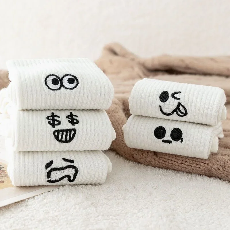 3/ 5 Pairs Women's Cartoon Socks Autumn Girls Cute Funny Expression Pattern Mid Tube Kawaii Casual Breathabl White Female Socks