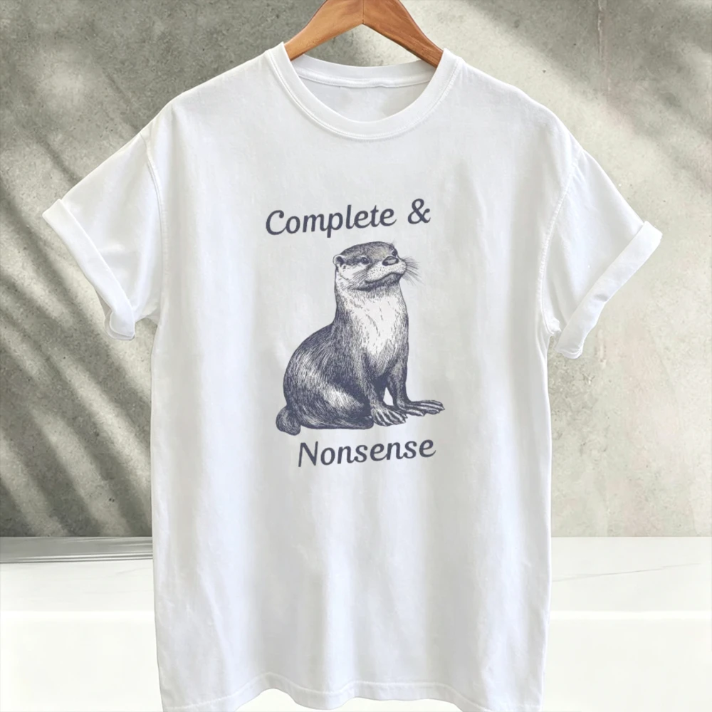 Funny Otter Complete & Nonsense Graphic T‑Shirt Short Sleeve Tees Vintage Sketch Otter Animal Text Print Soft Cotton Casual Tops