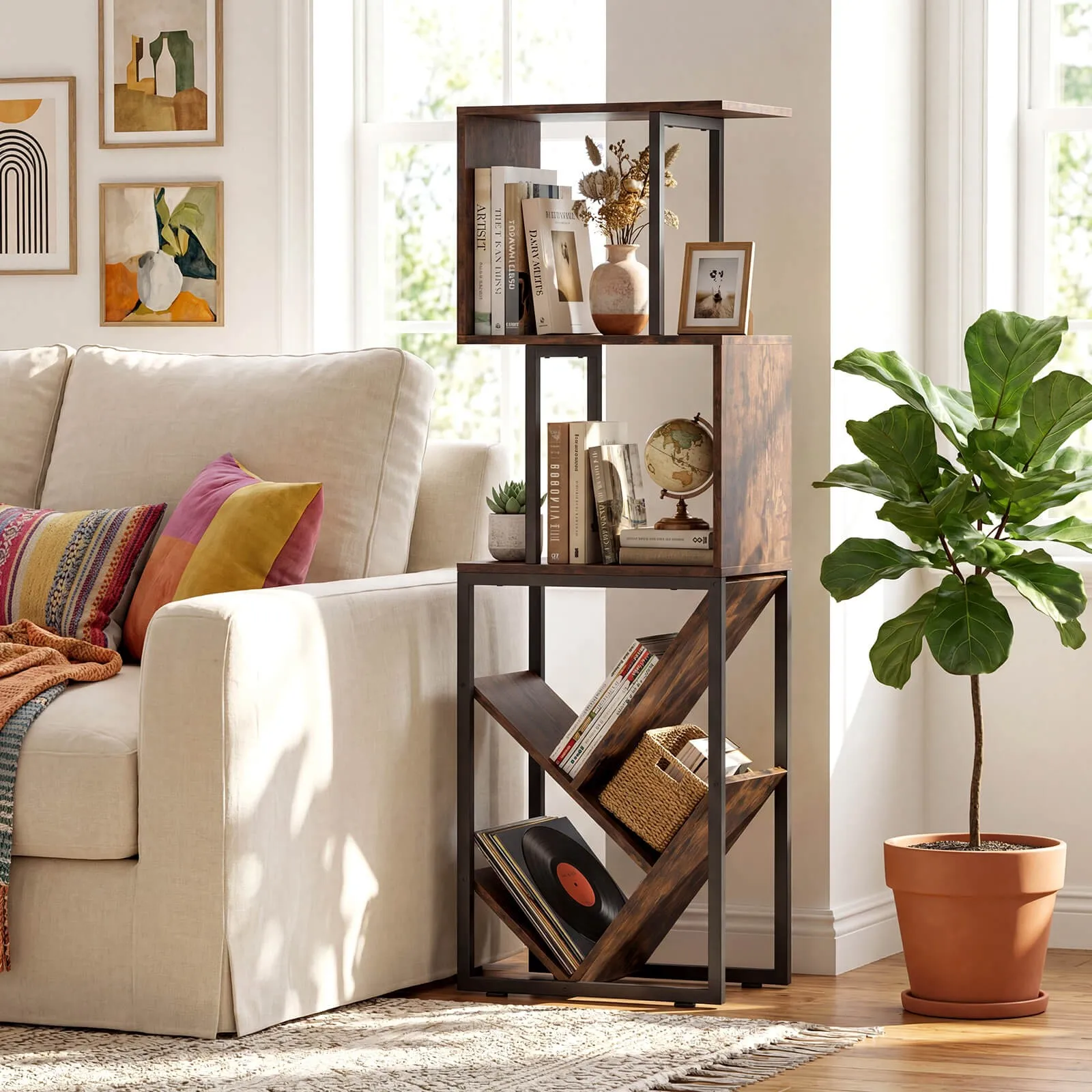 

2PCS 6-Tier Bookshelf, Industrial Geometric S-Shaped Bookcase w/ Display Shelves