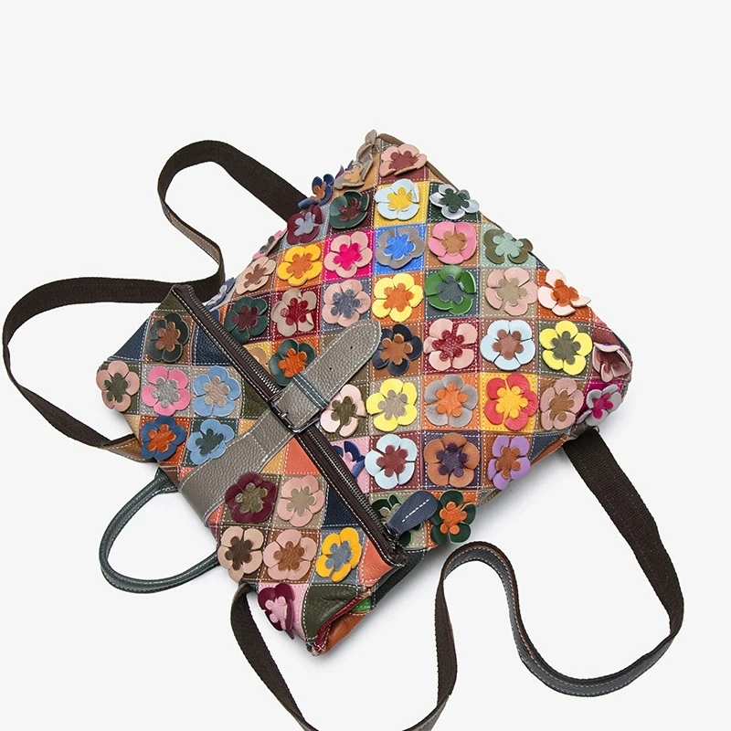 Vintage Women Genuine Leather Backpack Flower Real Cow Leather Shoulder Bags Fashion Patchwork Ladies Cowhide Travel Bagpack