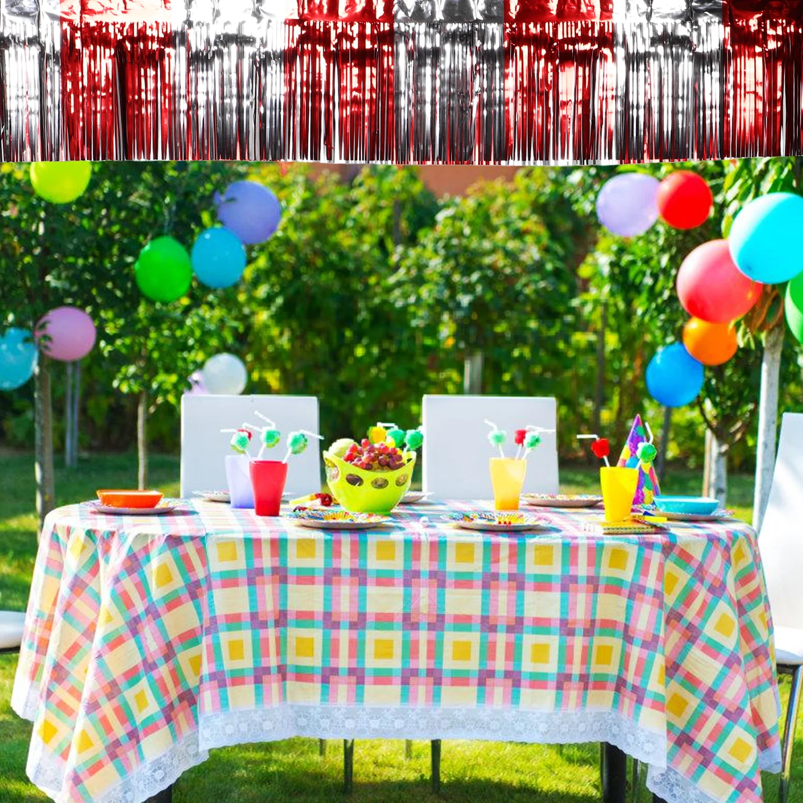 6개 레드 포일 프린지 커튼 배경막 두꺼운 실크 틴셀 스트리머 생일 웨딩 파티 포토 부스 카니발 장식용