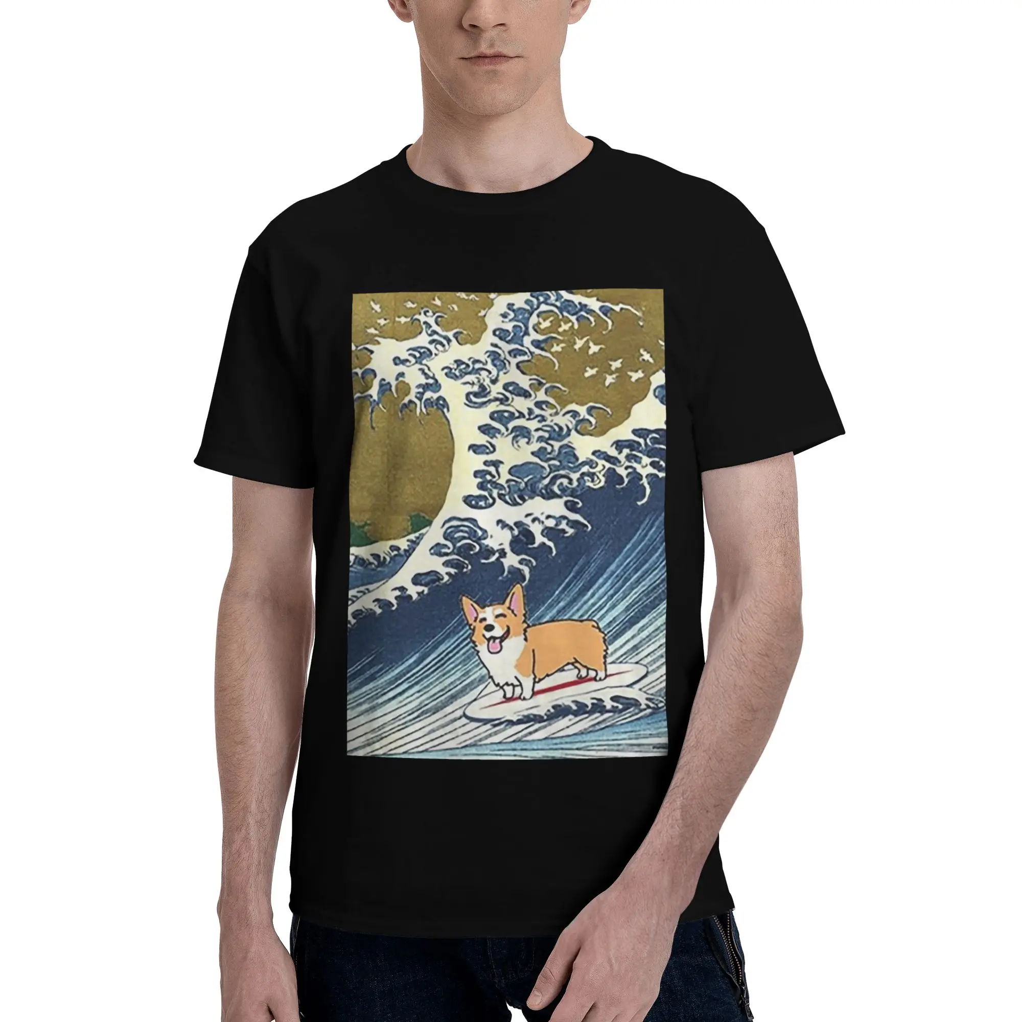 

Корги собака серфинг The Great Wave футболка из 100% хлопка мужские футболки большого размера мужские с круглым вырезом с коротким рукавом S-6XL