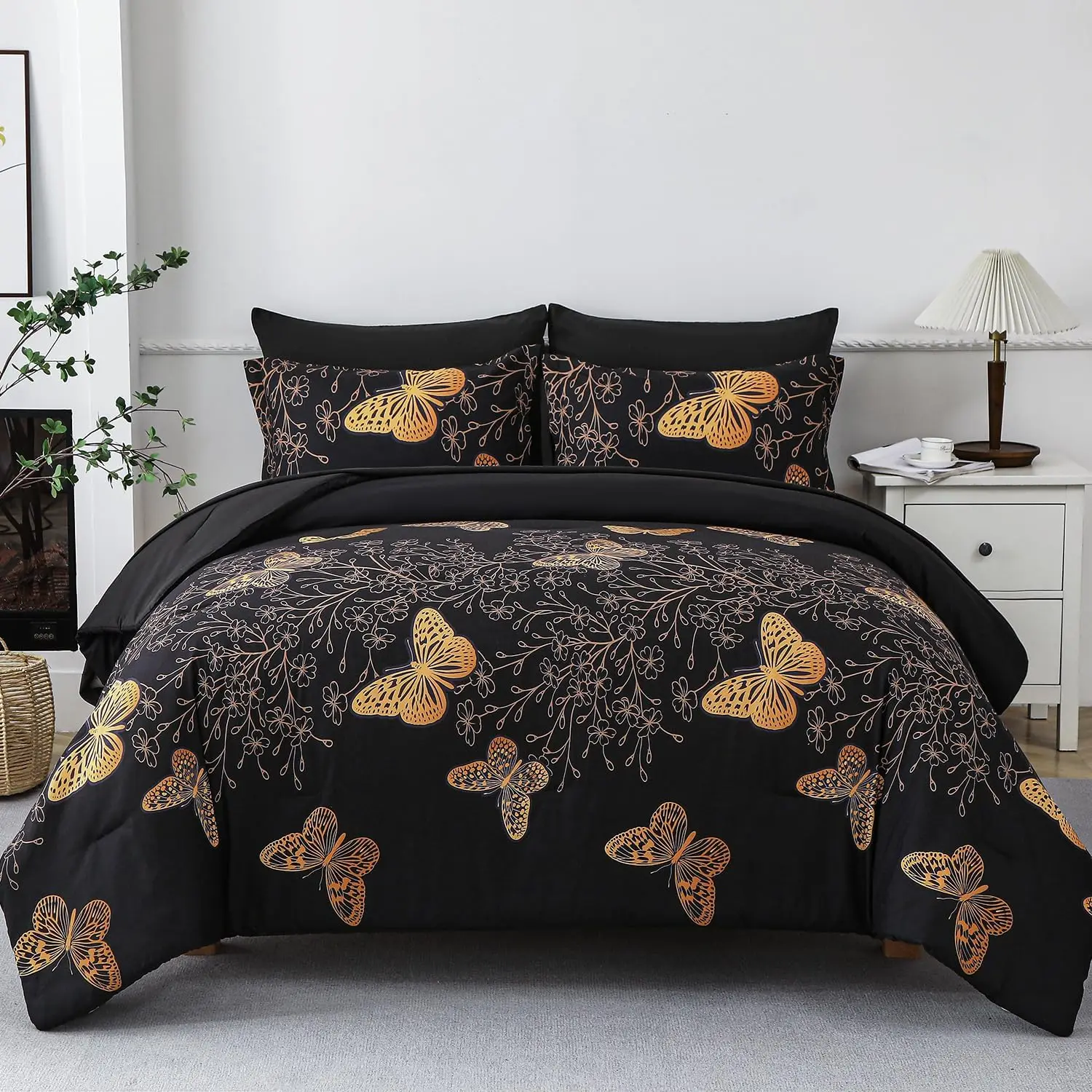 

7 Piece Bed in a Bag King Size Comforter Set Black Bedding Butterfly Leaves Printed on Black Reversible Microfiber